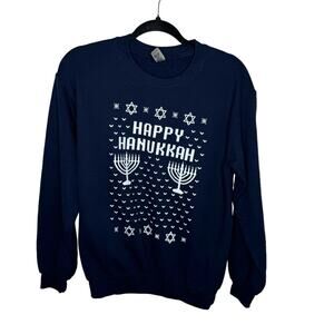 GILDAN / navy blue white Happy Hanukkah crew neck pullover sweatshirt / S